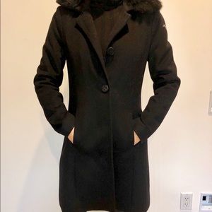 TAHARI Black Peacoat with Real Rabbit Fur Collar